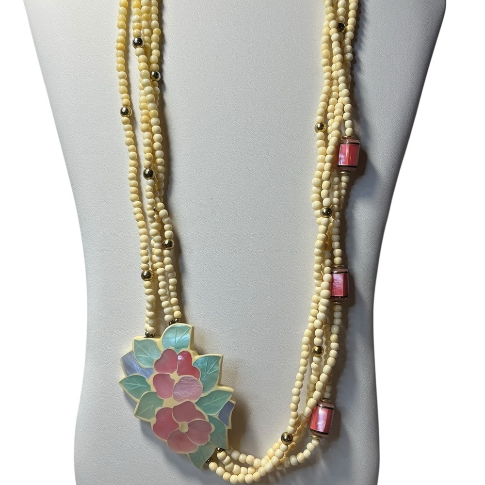 Karla Jordan Mother Of Pearl Floral Pendant Statement Necklace 80’s Pink & Green